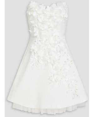 Badgley Mischka Strapless Floral-Appliquéd Jacquard Mini Dress - White