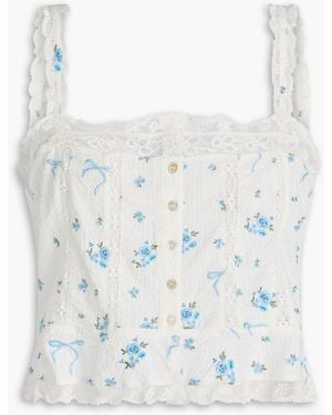 LoveShackFancy Vietta Lace-Trimmed Embroidered Cotton-Voile Top - White