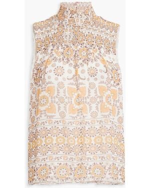 Joie Mika Shirred Printed Silk-georgette Top - Natural
