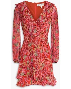 Saloni Ruffled Floral-Print Silk-Chiffon Mini Dress - Red