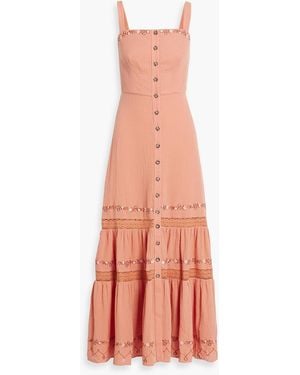 Saloni Fara Embroidered Cotton-Gauze Midi Dress - Pink