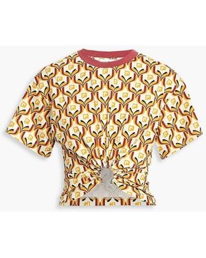 Rabanne Cropped Ring-Embellished Printed Cotton-Jersey Top - Metallic