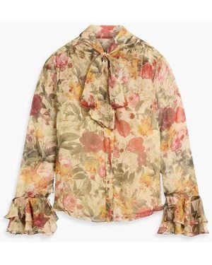 Mikael Aghal Pussy-Bow Floral-Print Chiffon Blouse - Natural
