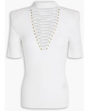 Balmain Lace-Up Ribbed-Knit Top - White