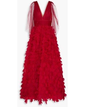 Marchesa Appliquéd Plissé-tulle And Organza Gown - Red