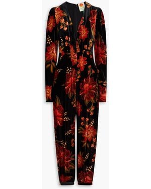 FARM Rio Draped Floral-Print Chenille Jumpsuit - Red