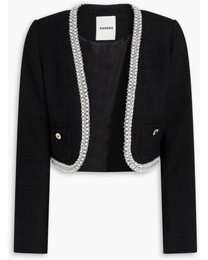 Sandro Cropped Embellished Cotton-Blend Tweed Jacket - Black