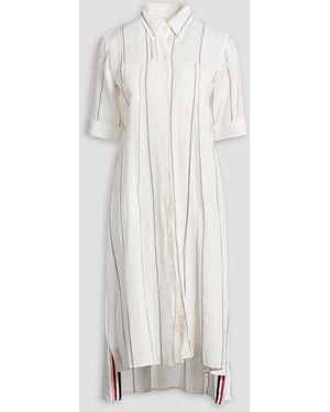 Thom Browne Pleated Striped Linen Midi Shirt Dress - White