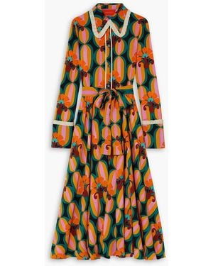 La DoubleJ Belted Printed Crepe Maxi Shirt Dress - Orange