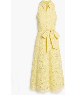 Badgley Mischka Sequin-Embellished Broderie Anglaise Midi Shirt Dress - Yellow