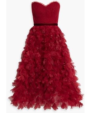 Marchesa Strapless Floral-appliquéd Tulle Midi Dress - Red