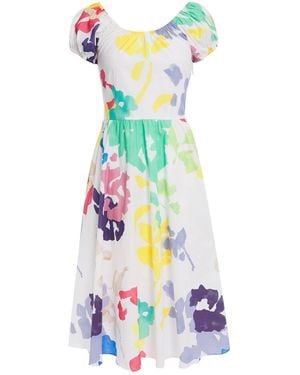 Caroline Constas Mariette Gathered Printed Stretch-Cotton Poplin Dress - White