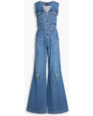 Etro Embroidered Denim Wide-Leg Jumpsuit - Blue