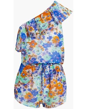 Stella McCartney One-shoulder Floral-print Cotton-voile Playsuit - Blue