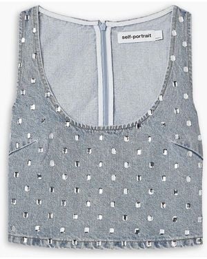 Self-Portrait Cropped Crystal-Embellished Denim Tank - Grey
