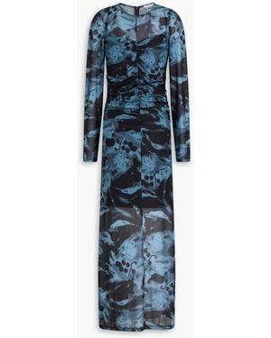 Ganni Ruched Printed Stretch-Mesh Maxi Dress - Blue