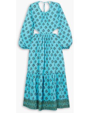 HANNAH Carmen Open-back Printed Cotton-poplin Maxi Dress - Blue