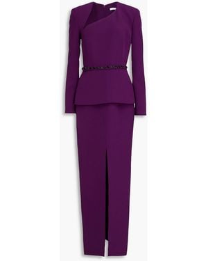 Safiyaa Belted Crystal-Embellished Stretch-Crepe Peplum Maxi Dress - Purple