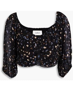 Ba&sh Off-the-shoulder Cropped Floral-print Crepon Top - Black