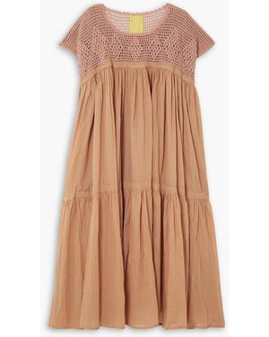 Yvonne S Wind Tiered Crochet-paneled Cotton-voile Midi Dress - Brown