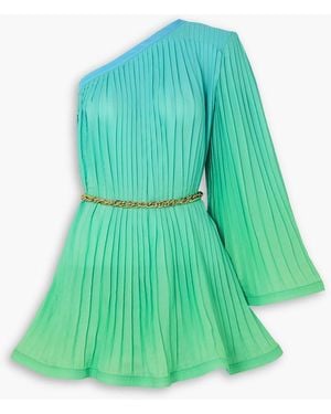 ROWEN ROSE One-sleeve Pleated Dégradé Georgette Mini Dress - Green