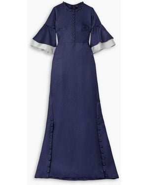 Reem Acra Button-embellished Ruffled Satin-piqué Gown - Blue