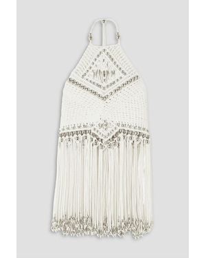 Rabanne Fringed Embellished Macramé Halterneck Top - White