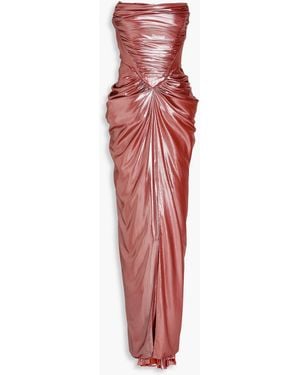 Rhea Costa Zaira Strapless Ruched Lamé Gown - Red