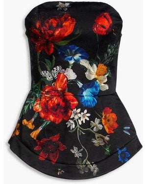 CAMILLA Floral-Print Embellished Silk-Blend Crepe Peplum Bustier Top - Red