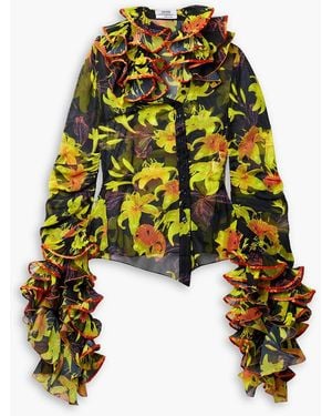 Christopher John Rogers Ruffled Satin-trimmed Floral-print Metallic Georgette Blouse - Yellow