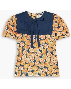 Saloni Marlowe Bow-detailed Printed Silk-twill And Cotton Broderie Anglaise Top - Blue