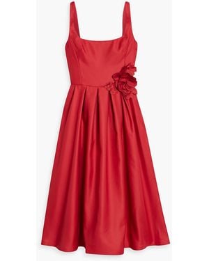 Marchesa Floral-appliquéd Duchesse-satin Midi Dress - Red