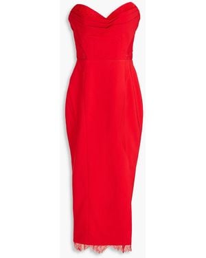 Marchesa Strapless Lace-trimmed Pleated Crepe Midi Dress - Red