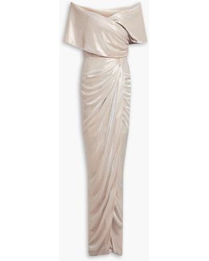 Rhea Costa Off-the-shoulder Wrap-effect Metallic Jersey Gown - White
