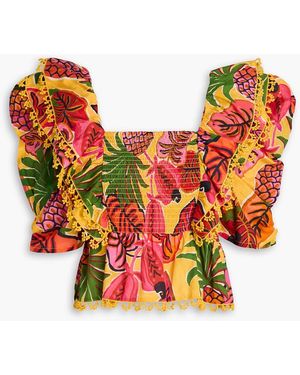 FARM Rio Ruffled Printed Cotton Top - Red