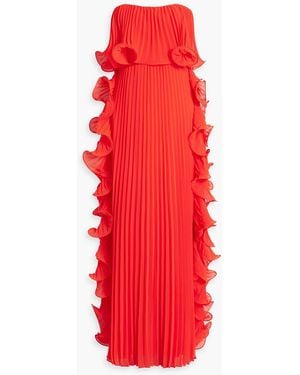 Badgley Mischka Strapless Ruffled Plissé-chiffon Gown - Red