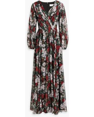 Mikael Aghal Pleated Floral-Print Organza Maxi Dress - Black