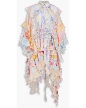 Zimmermann Tiered Floral-print Linen And Silk-blend Gauze Midi Dress - White