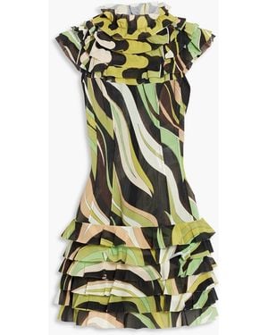 PUCCI Ruffled Printed Stretch-tulle Mini Dress - Green