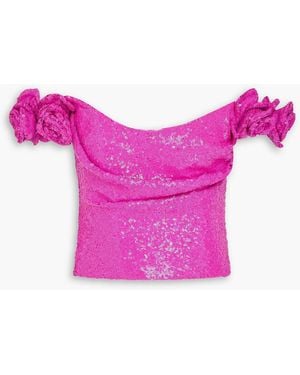 Costarellos Birdie Off-the-shoulder Sequined Floral-appliquéd Tulle Top - Pink