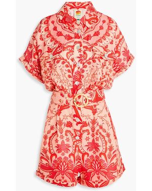 FARM Rio Belted Printed Linen Playsuit - Red
