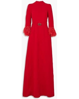 Andrew Gn Belted Embellished Feather-trimmed Crepe Gown - Red