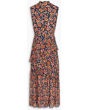Saloni Fleur Ruffled Silk-georgette And Jacquard Midi Dress - Blue