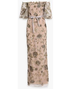 Marchesa Off-The-Shoulder Embellished Tulle Gown - Natural