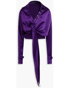 retroféte Parker Cropped Tie-front Satin Shirt - Blue