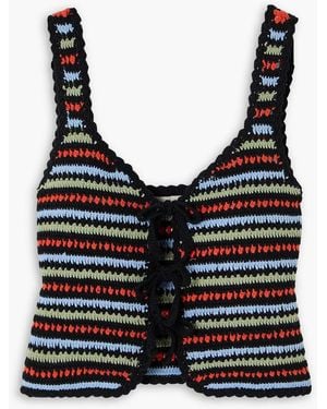 RIXO London Lia Cropped Bow-Embellished Scalloped Crocheted Cotton Top - Black