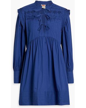 FARM Rio Tie-Front Pintucked Cotton-Poplin Mini Dress - Blue