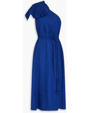 FARM Rio One-shoulder Pleated Linen-blend Midi Dress - Blue