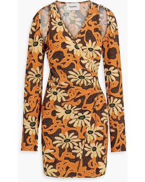Nanushka Ira Wrap-effect Floral-print Crepe Mini Dress - Orange