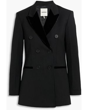 Sandro Double-Breasted Velvet-Trimmed Twill Blazer - Black